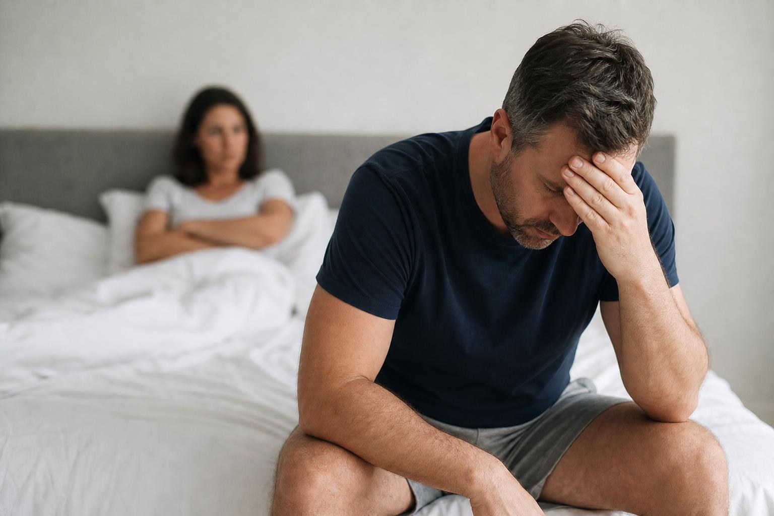 Distressed man sitting on the edge of a bed with his head in his hand while a woman watches from the background with crossed arms.