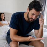 Pensive man sitting on a bed holding a small blue pill, while a woman sits blurred in the background with a concerned expression.
